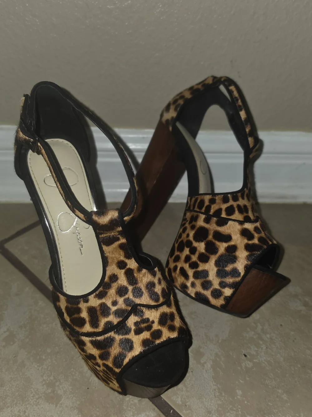 Jessica Simpson Leopard-Pattern Platform T-Strap Heels in Tan and Black, LEOPARD